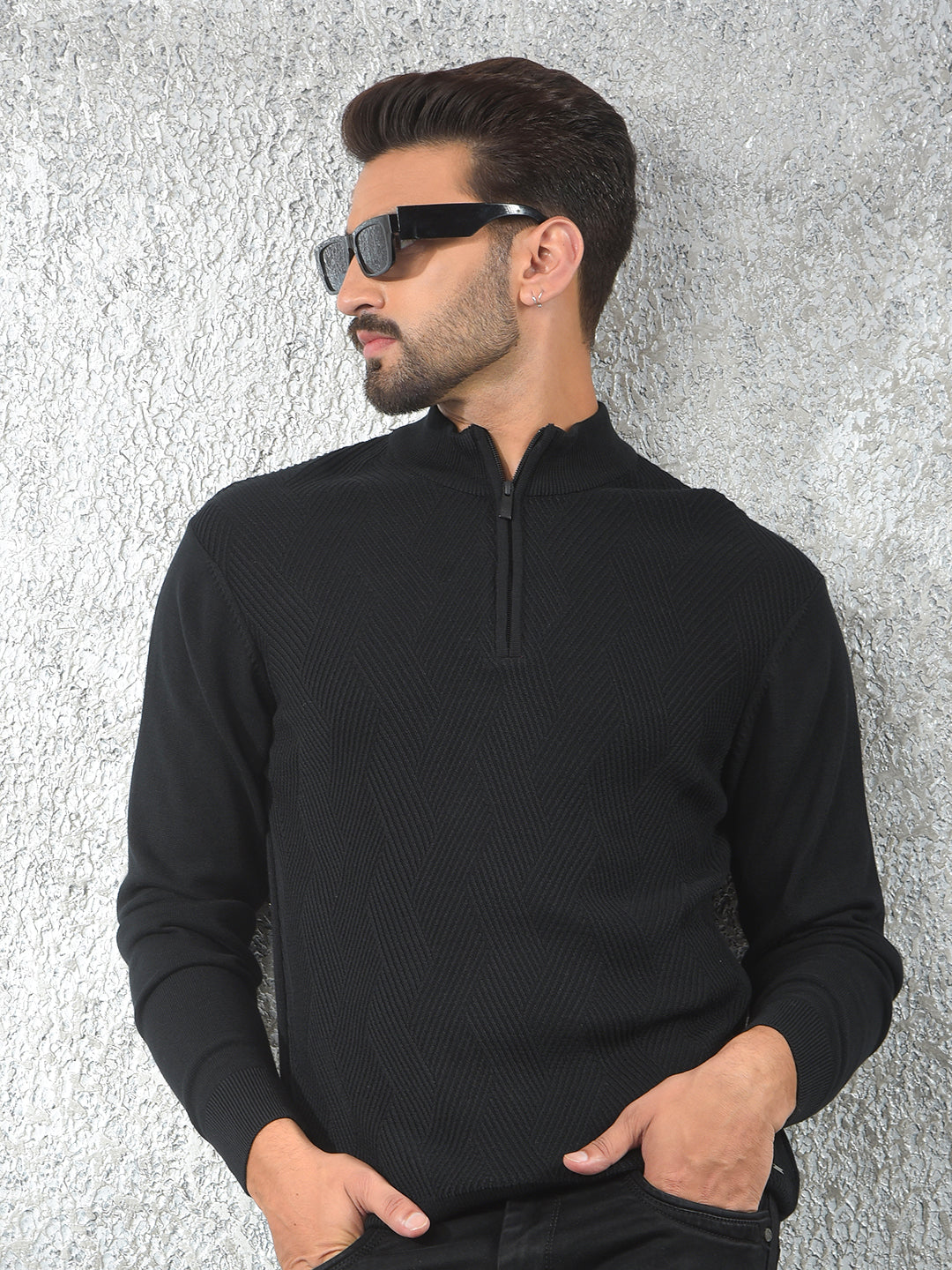 Black Jacquard 100% Cotton Sweater