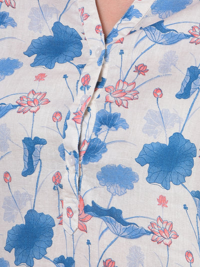 Blue Floral Print V-Neck Linen Top