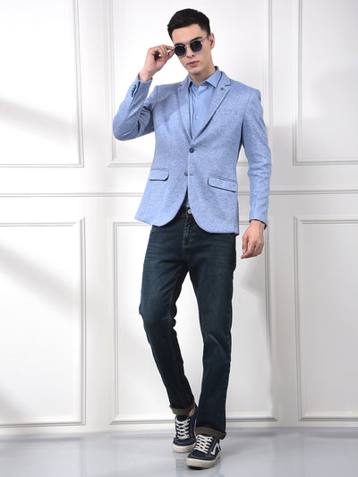 Blue Jacquard Notched Lapel Single-Breasted Blazer