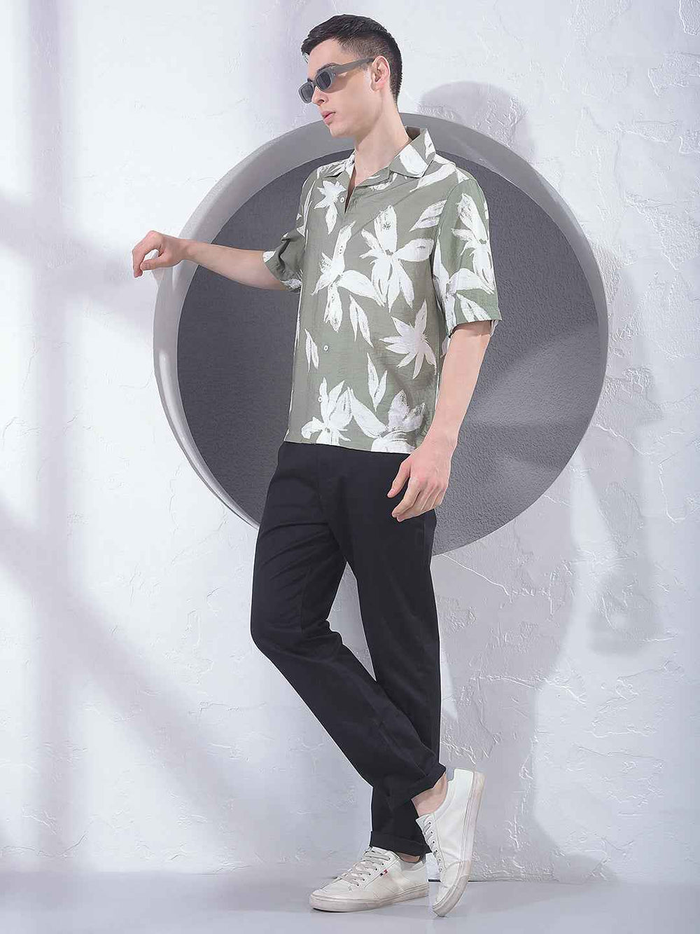 Green Floral Print Resort-Collar Shirt