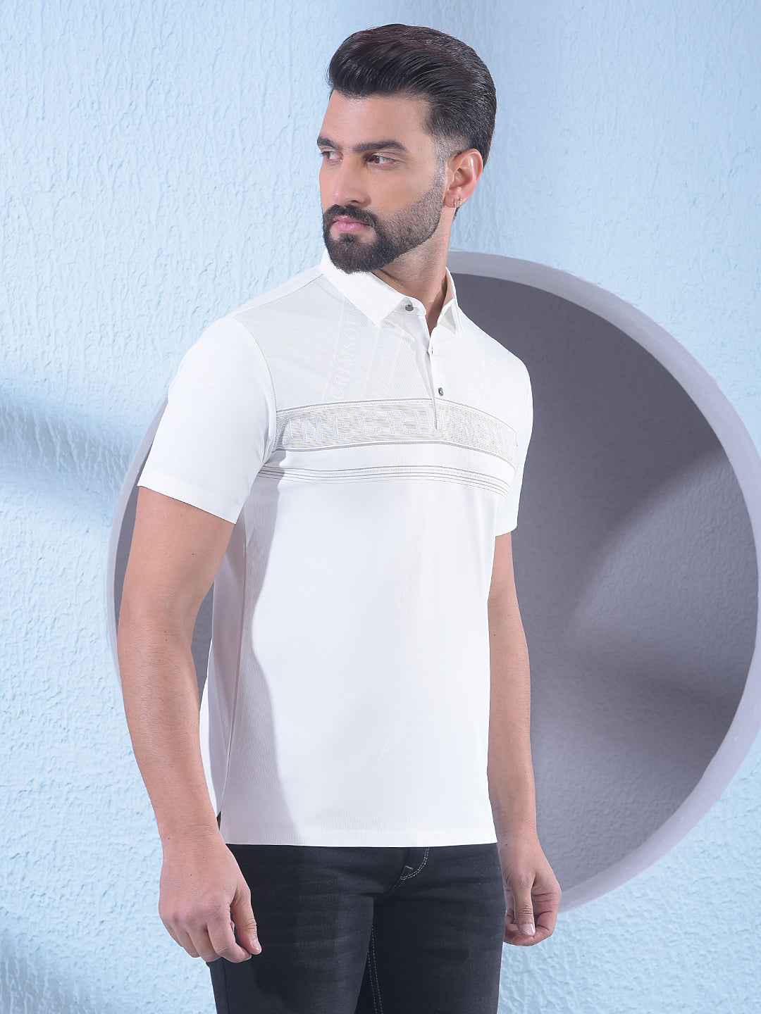 White Typographic Print Polo Neck T-Shirt