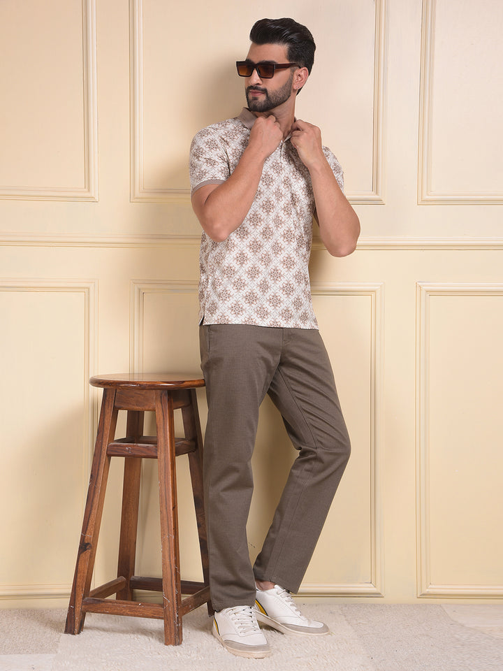 Brown Printed Polo Neck T-Shirt