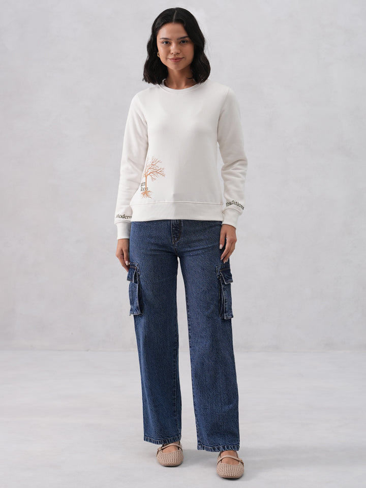 White Typographic Printed Sweatshirt