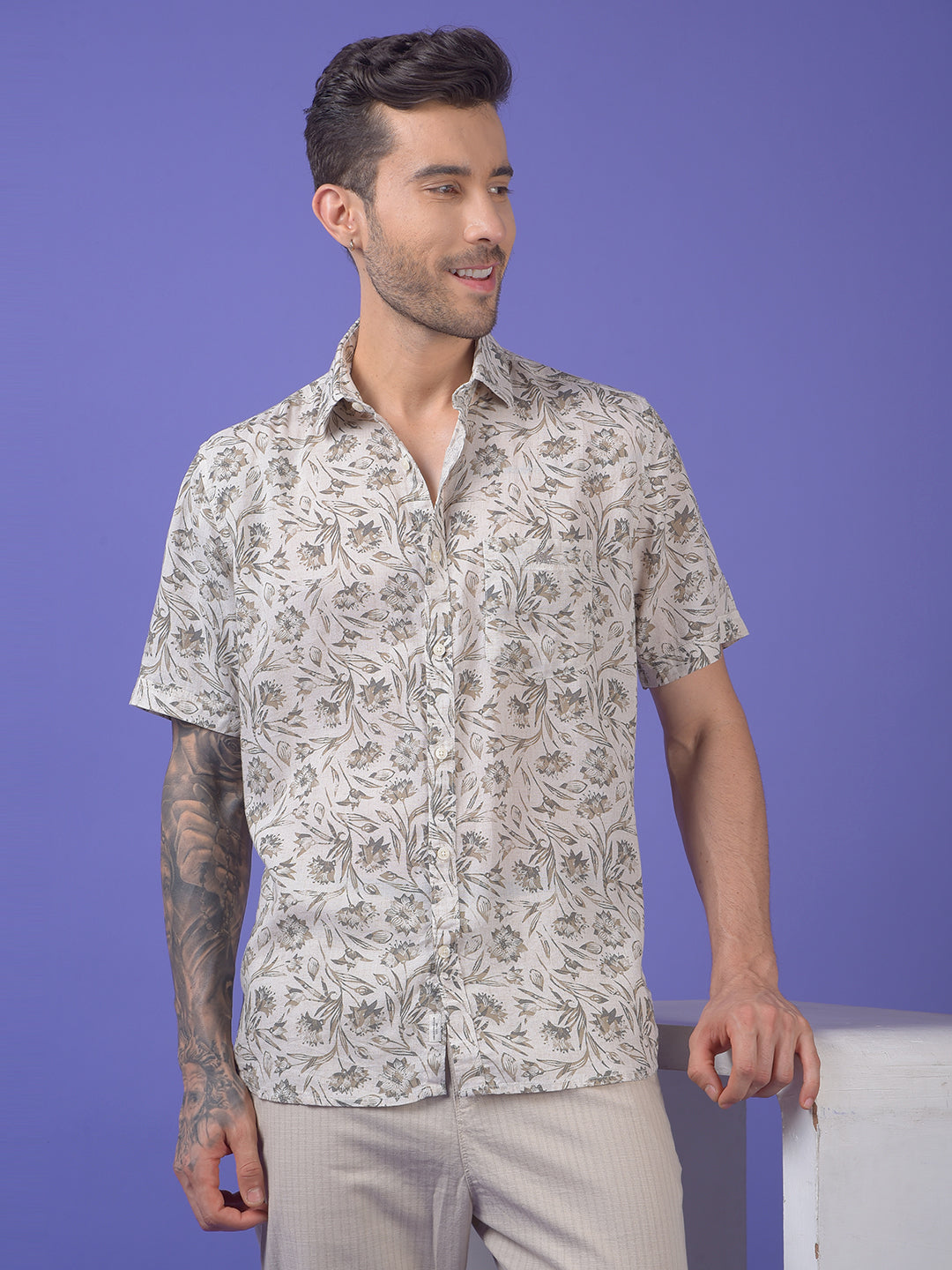 Olive Floral Print Linen Shirt