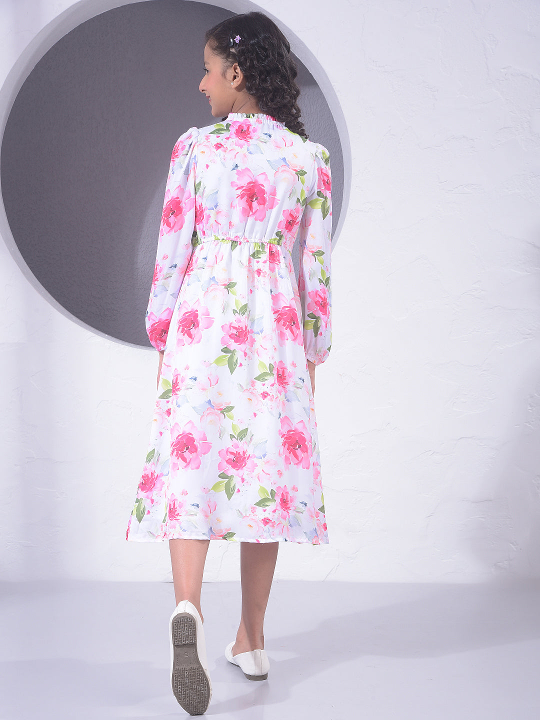 Pink Floral Print Midi A-Line Dress