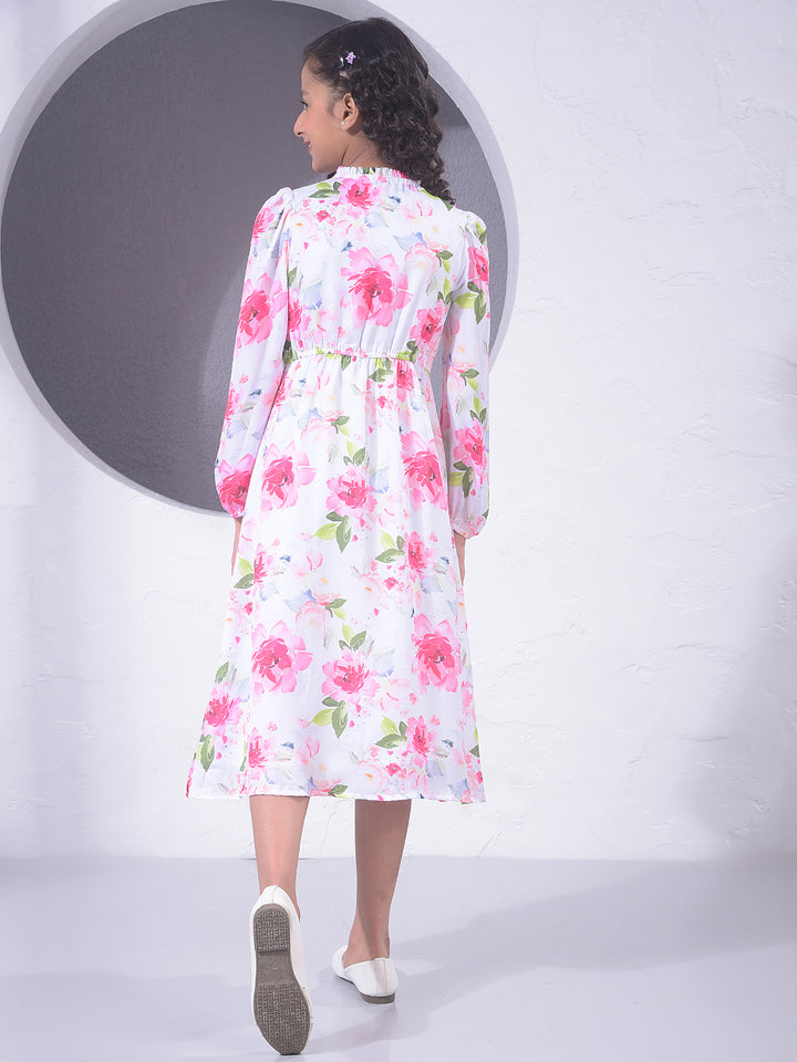 Pink Floral Print Midi A-Line Dress