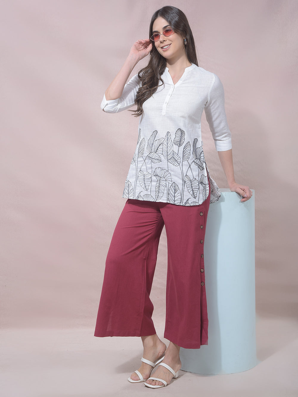 White Botanical Embroidered V-Neck Top