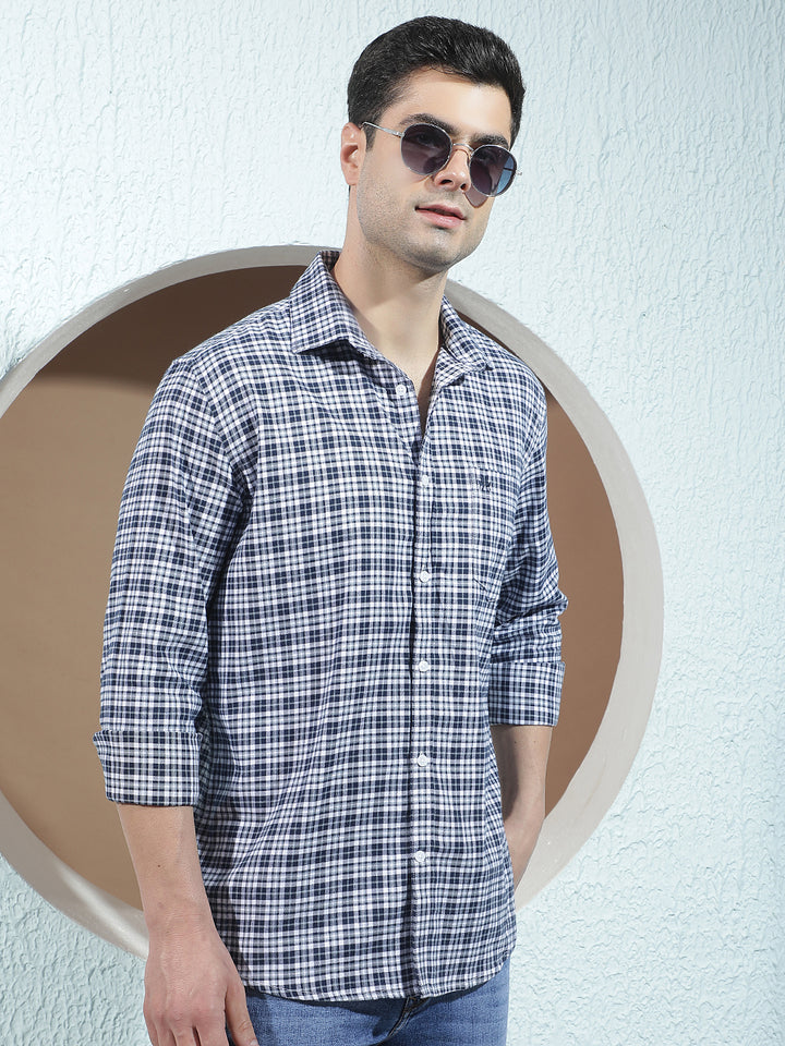 Navy Blue 100% Cotton Checked Shirt