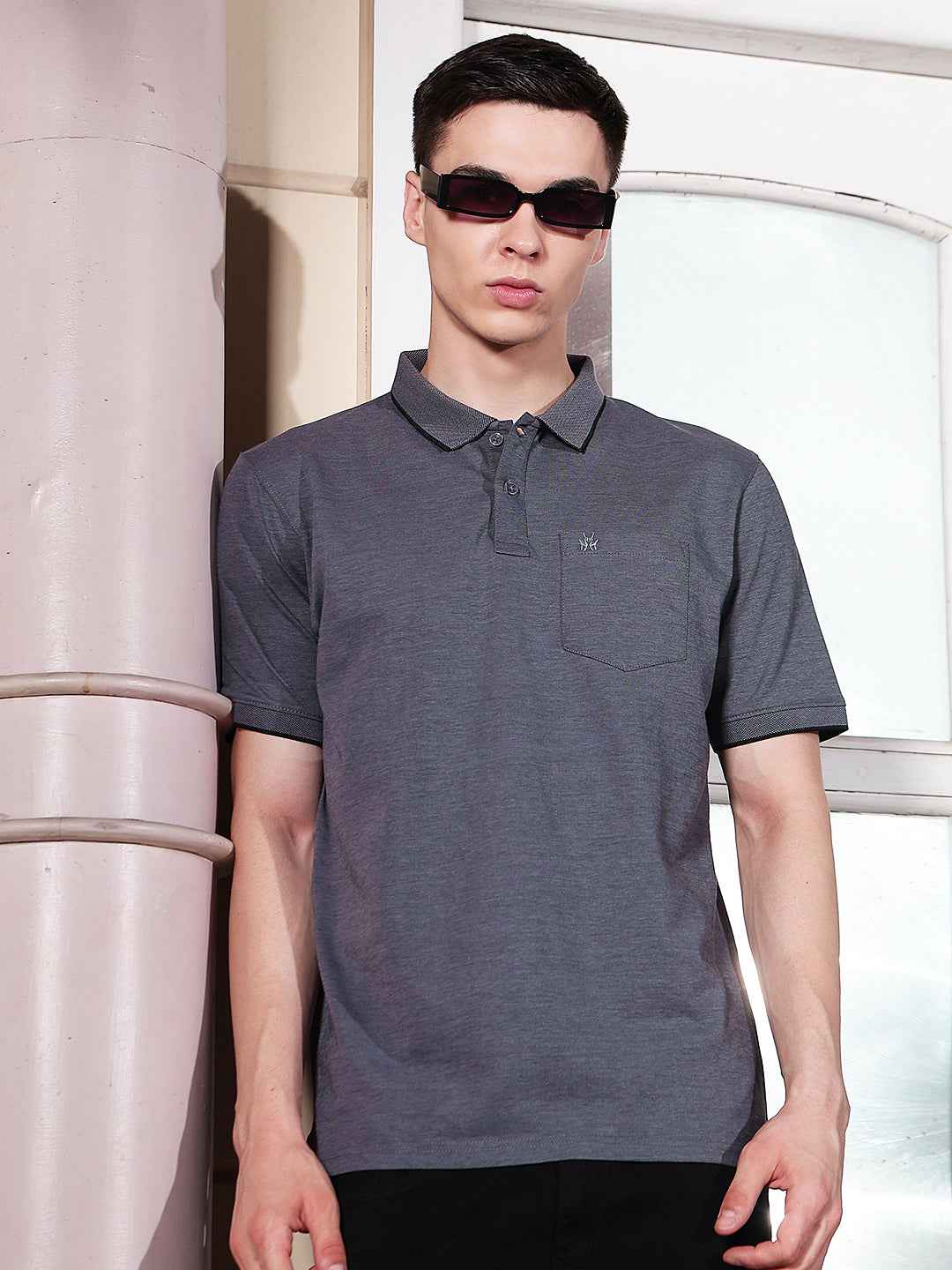 Blue Textured Polo Neck T-Shirt