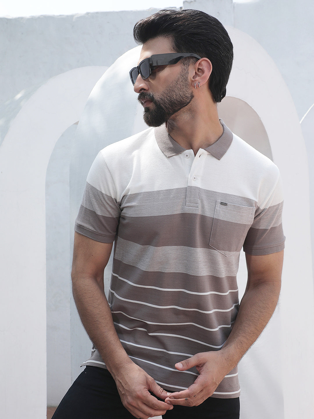 Purple Horizontal Striped Polo Neck T-Shirt