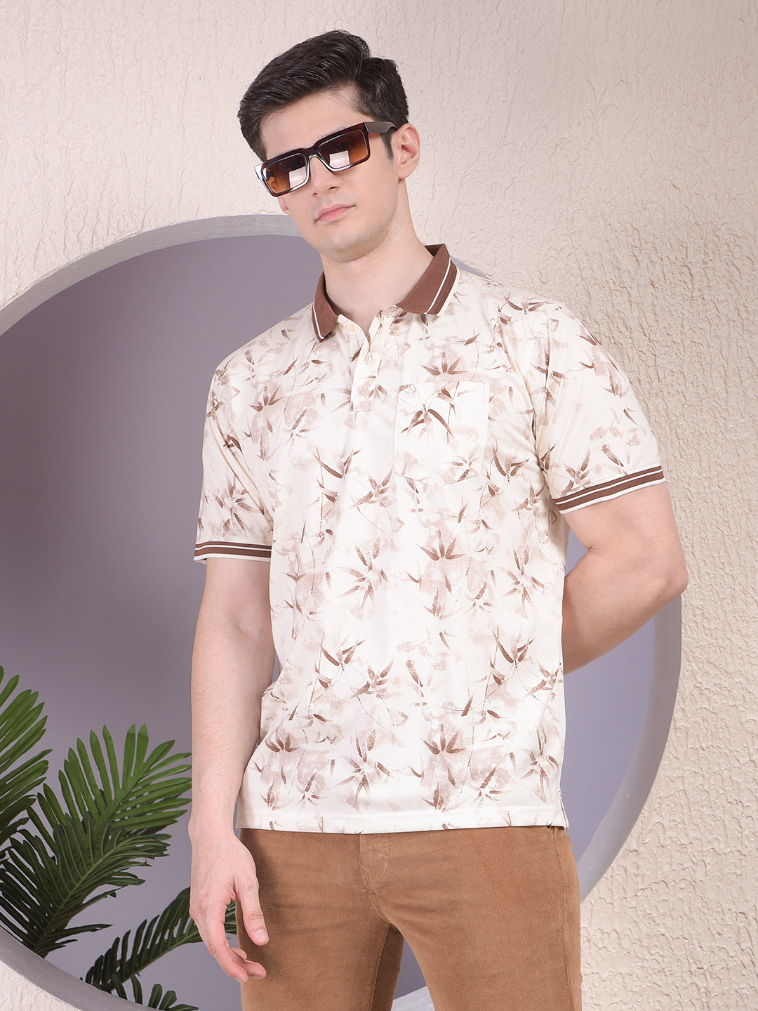 Brown Floral Print Polo-Neck T-Shirt