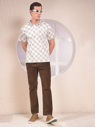 Beige Floral Print Polo Neck 100% Cotton T-Shirt