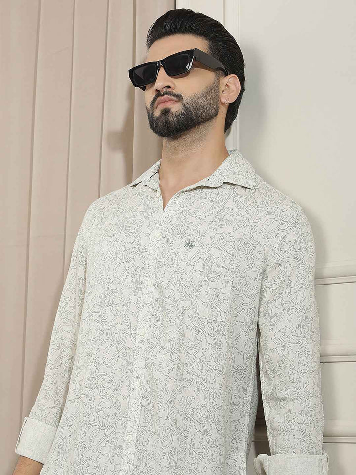 Linen Green Floral Print Shirt