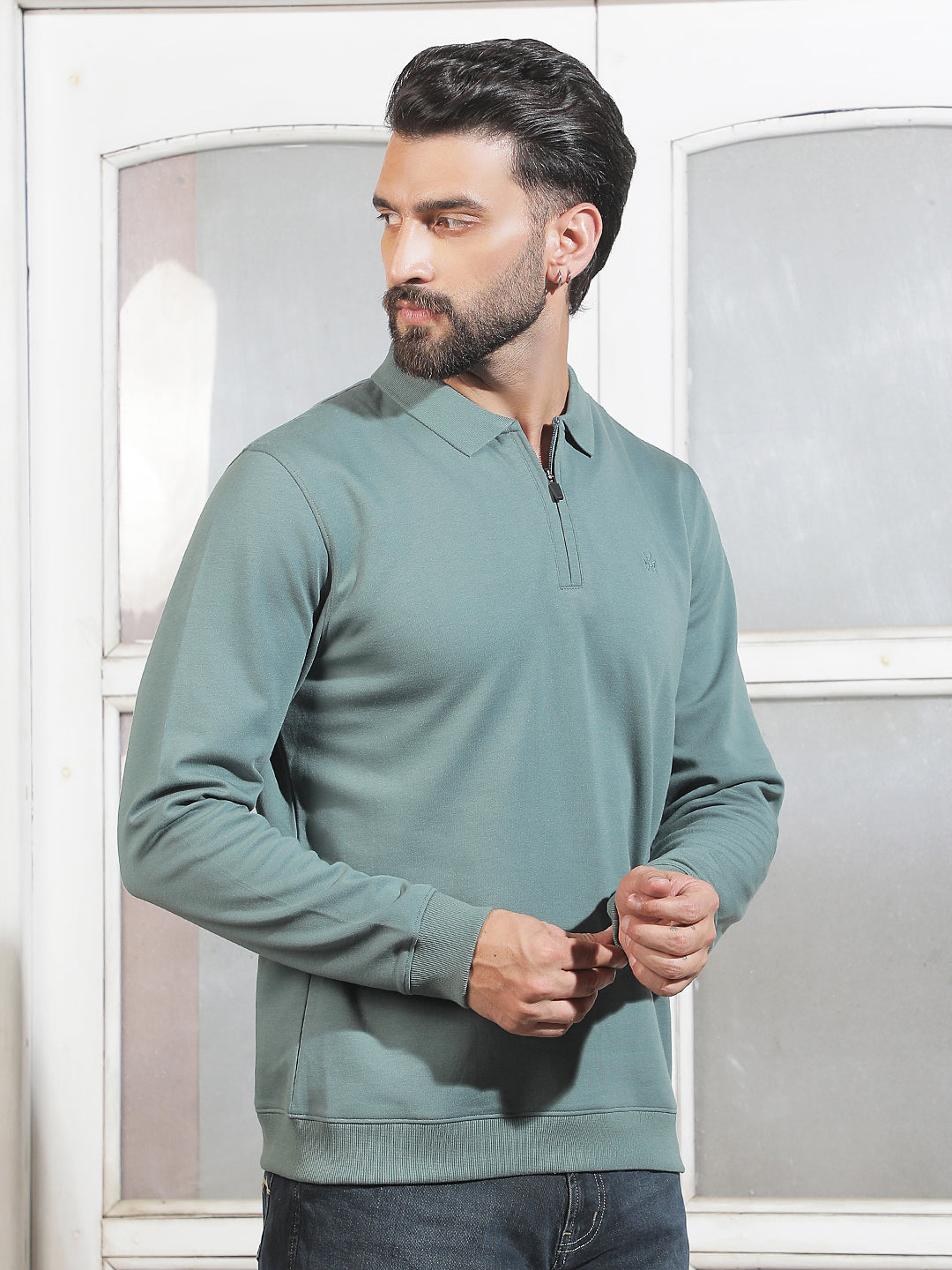 Green Polo Neck Front Open Sweatshirt