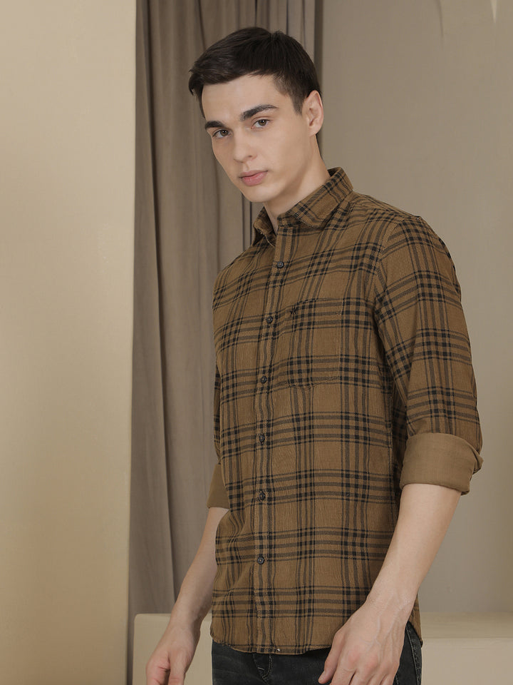 Brown Checked 100% Cotton Corduroy Shirt