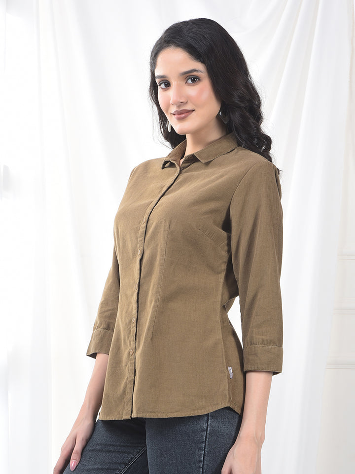 Warm Khaki Textured Twill Slim Fit Shirt