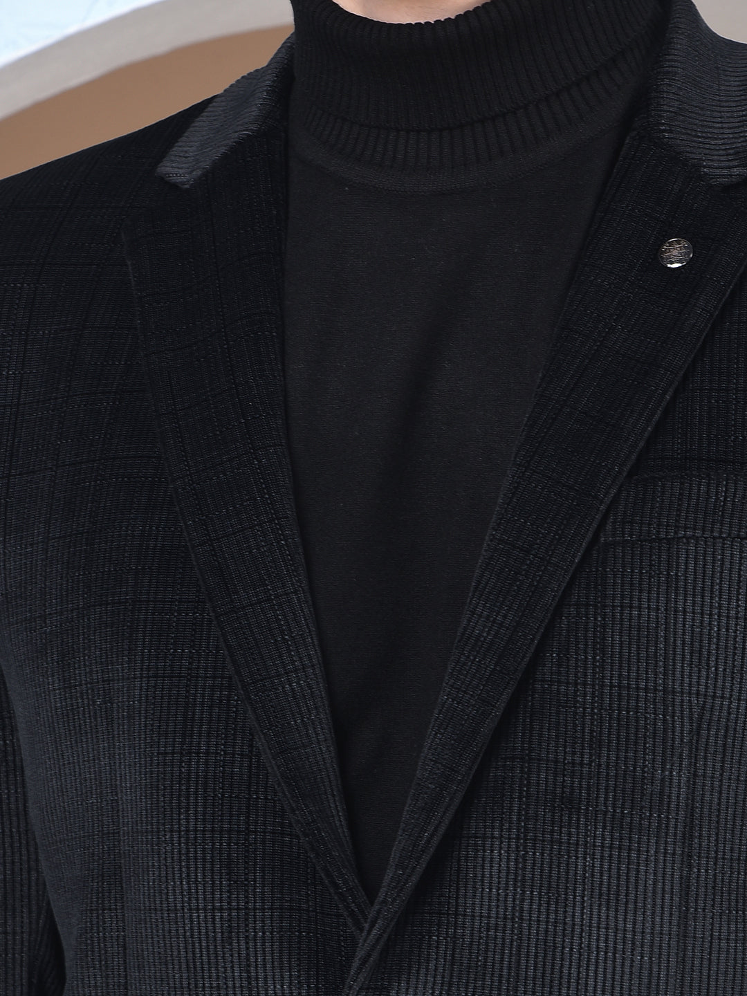 Black Checked Notched Lapel Single-Breasted Blazer