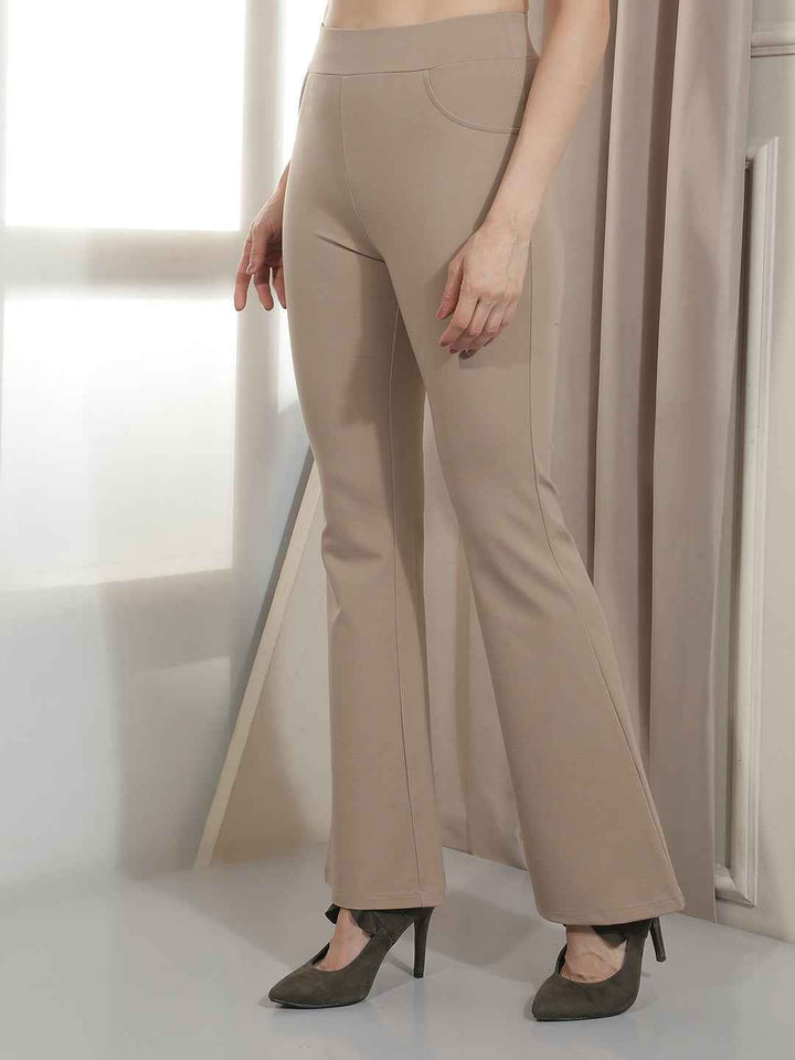 Stretchy Beige Bootcut Style Treggings