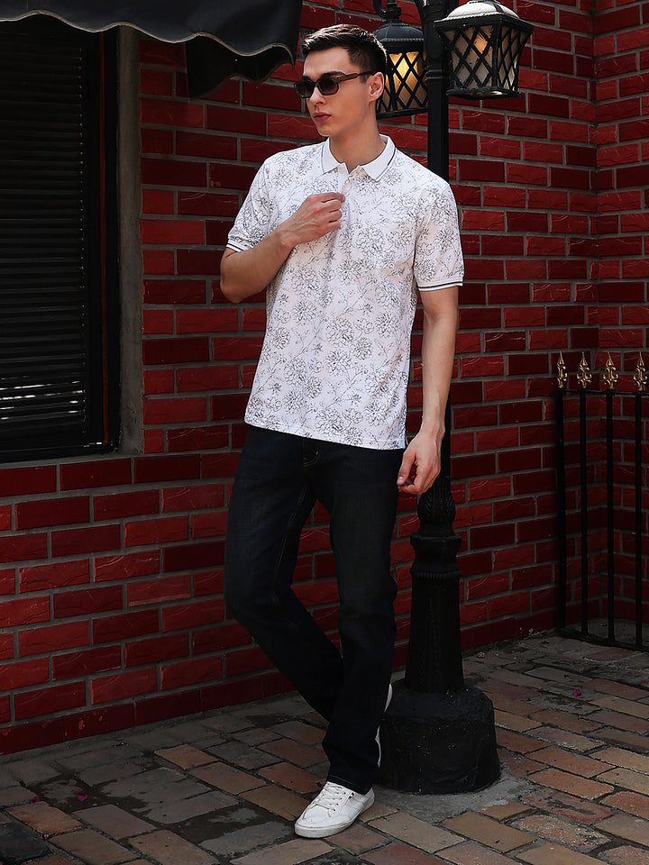 White Floral Print Polo Neck T-Shirt