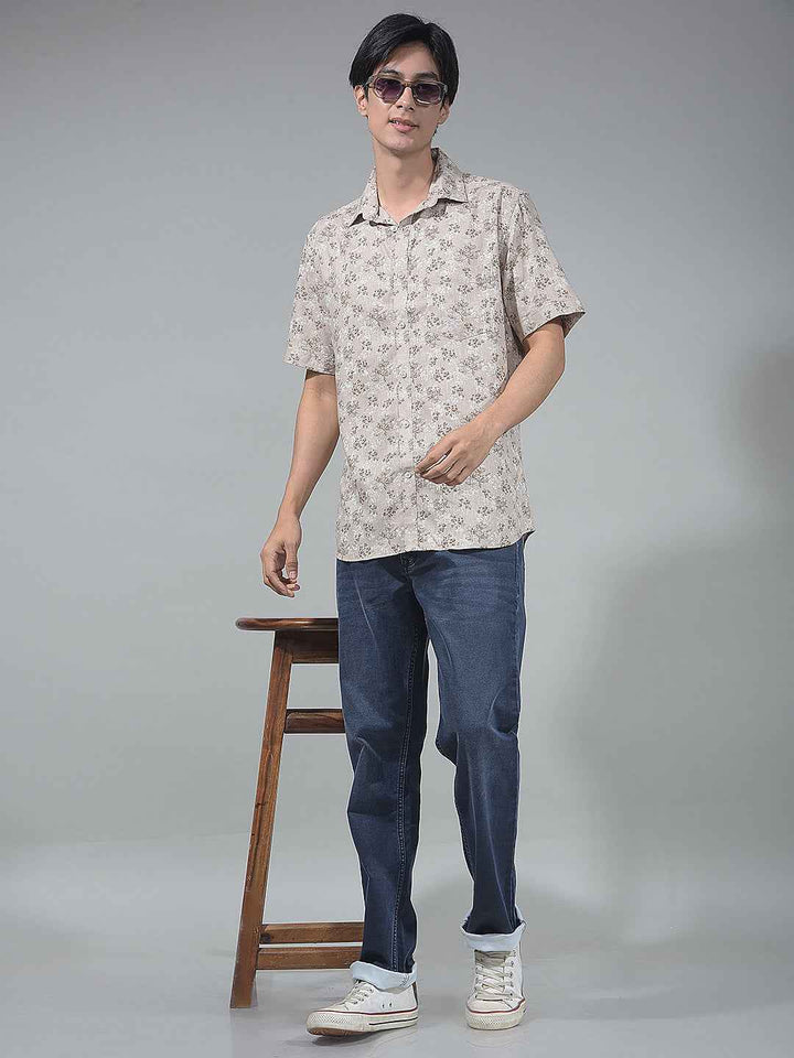 Beige Floral Print Linen Shirt