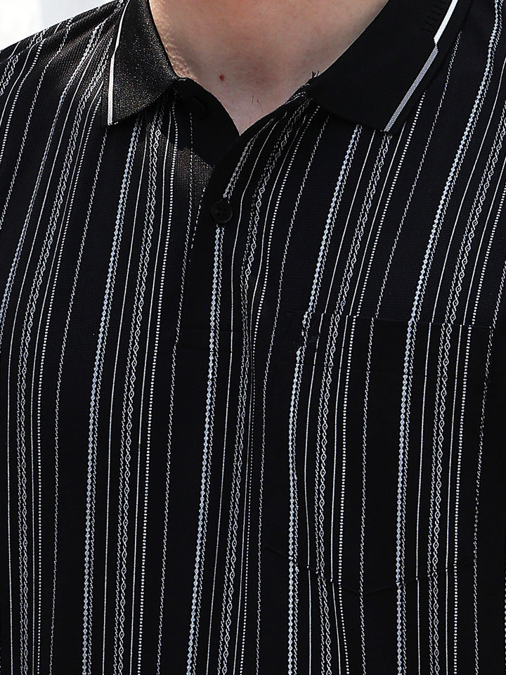 Black Vertical Stripes Polo Neck T-Shirt
