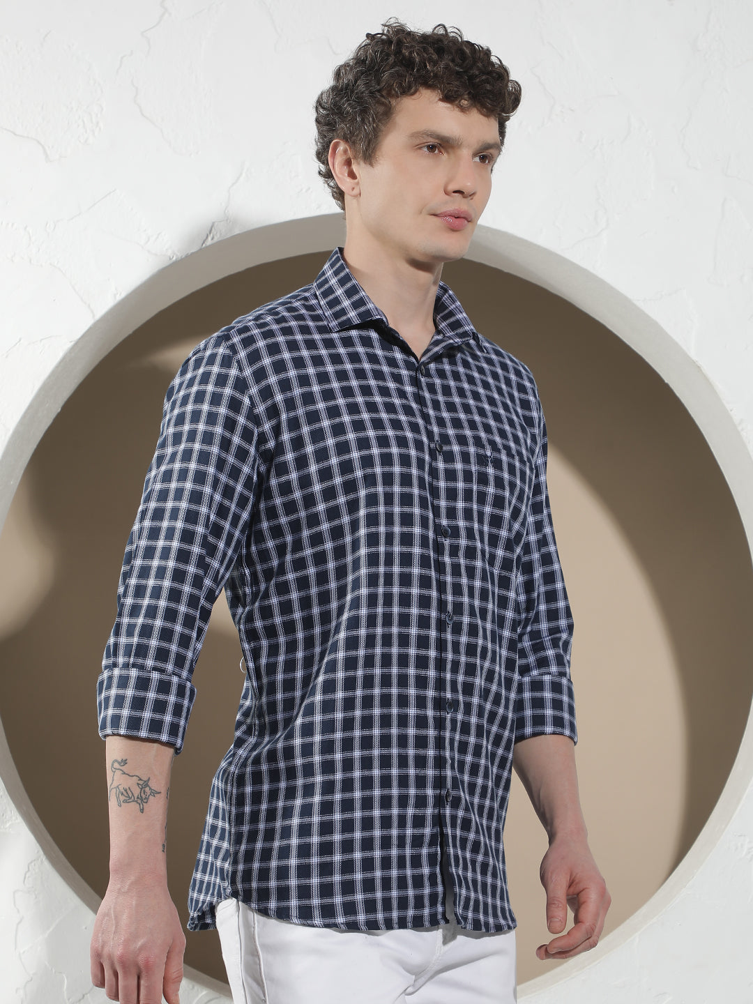 Navy Blue Checked 100% Cotton Shirt