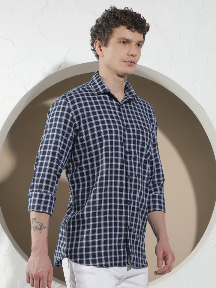Navy Blue Checked 100% Cotton Shirt