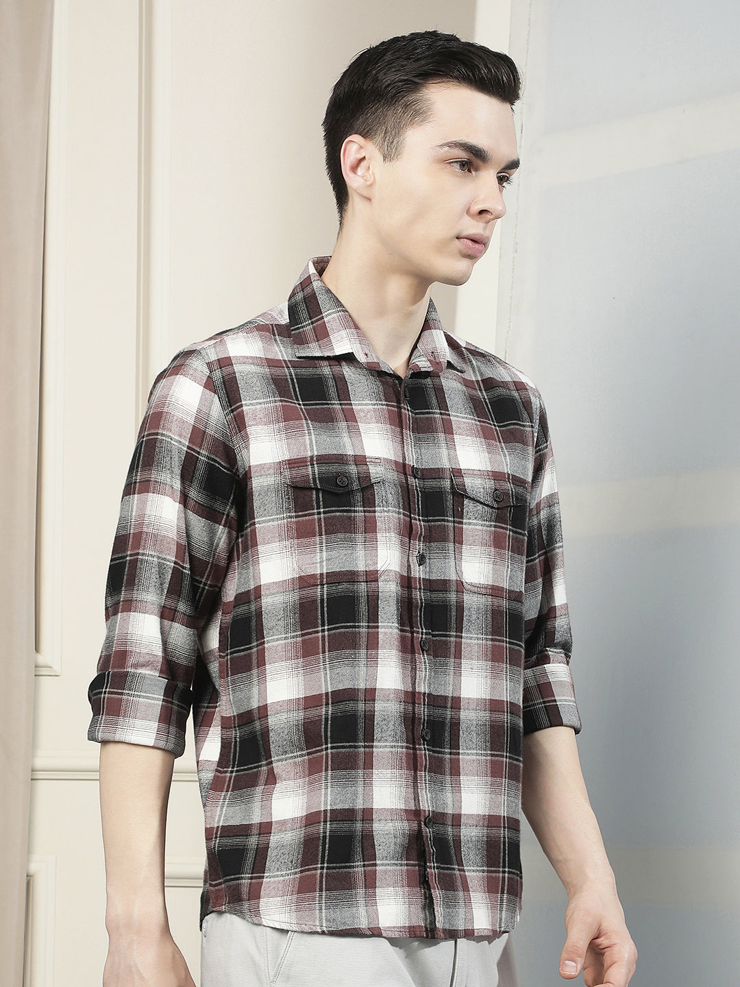 Purple Checked 100% Cotton Double Pocket Shirt