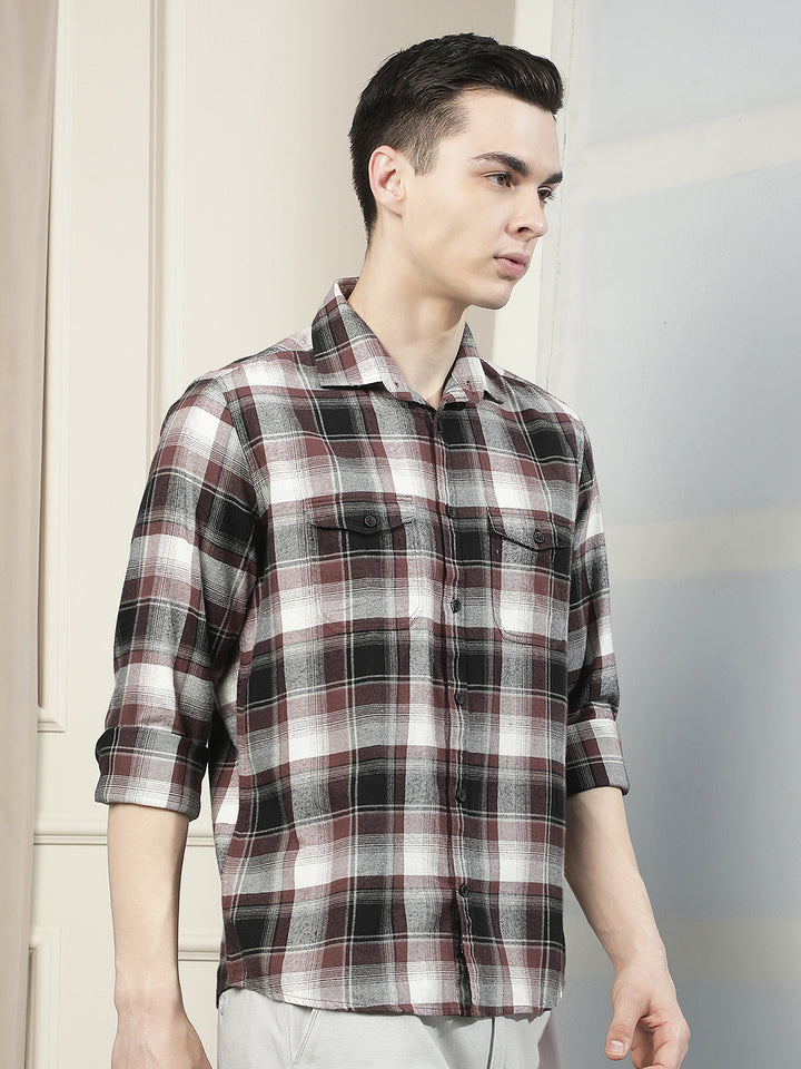 Purple Checked 100% Cotton Double Pocket Shirt