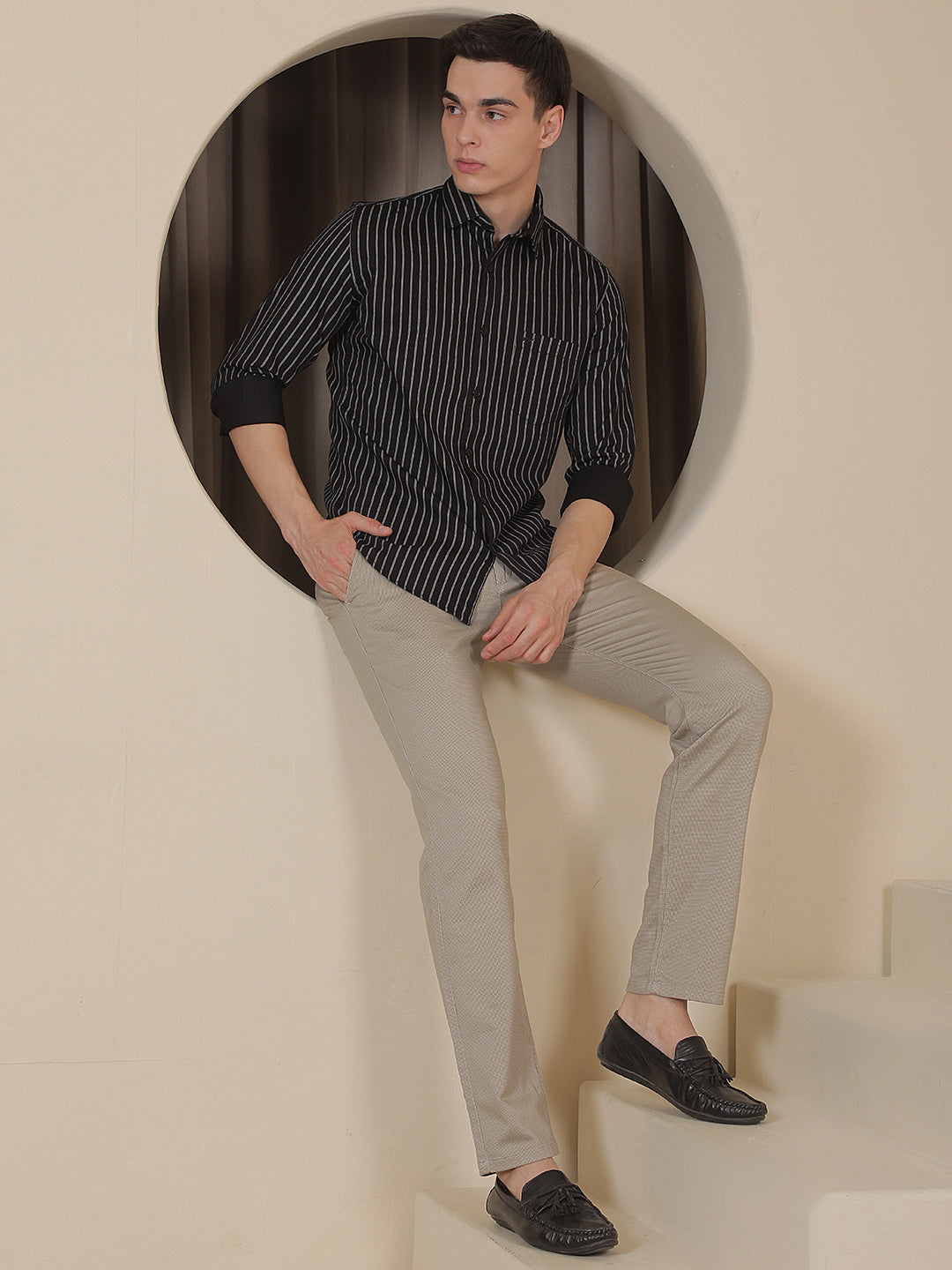 Beige Printed Straight Trousers