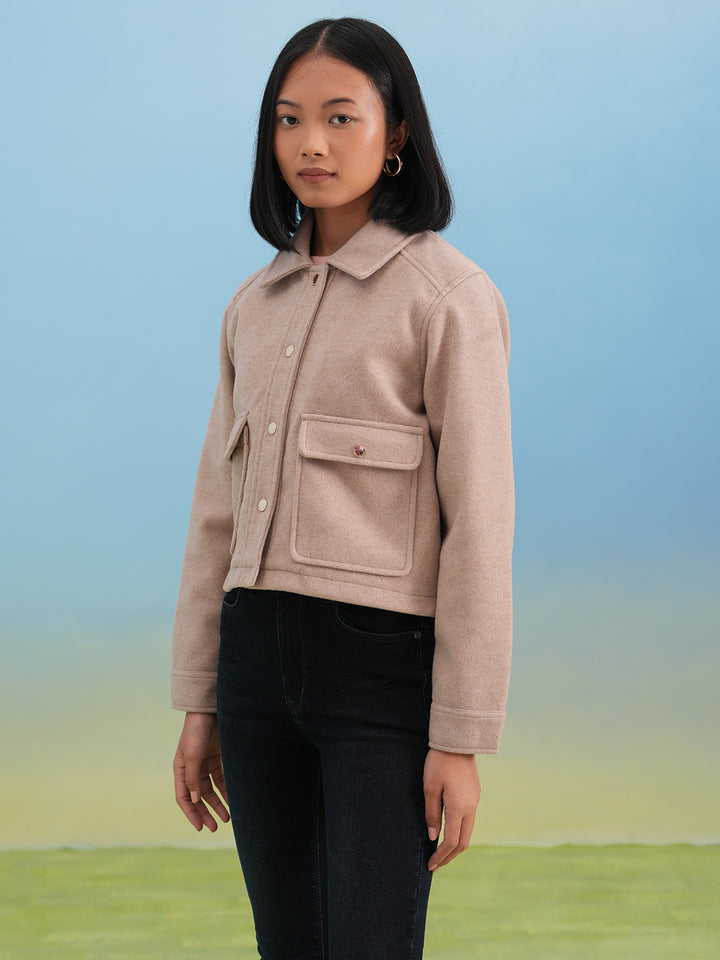Beige Double-Pocket Cropped Shacket