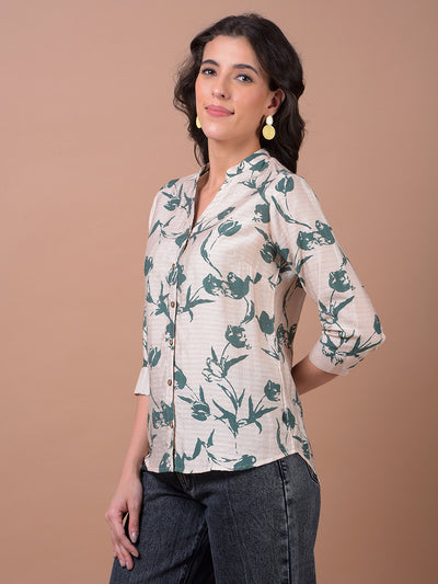 Green Floral Print V-Neck Shirt
