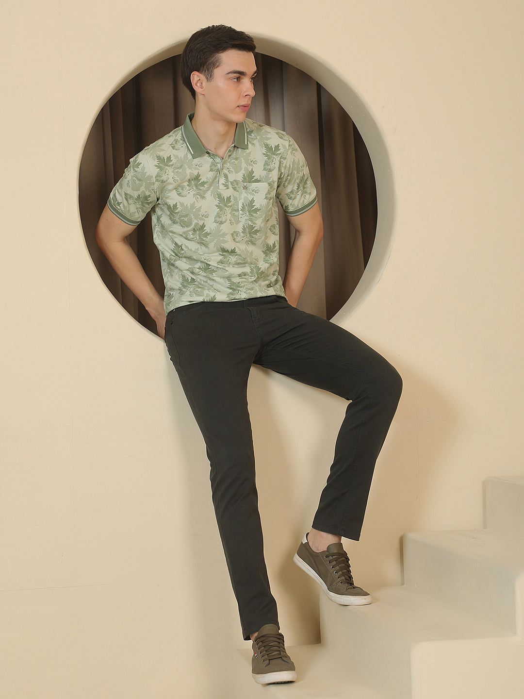 Green Floral Print Polo Neck T-Shirt