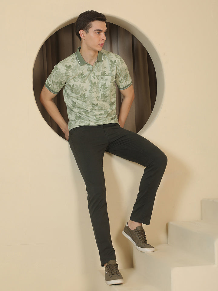 Green Floral Print Polo Neck T-Shirt