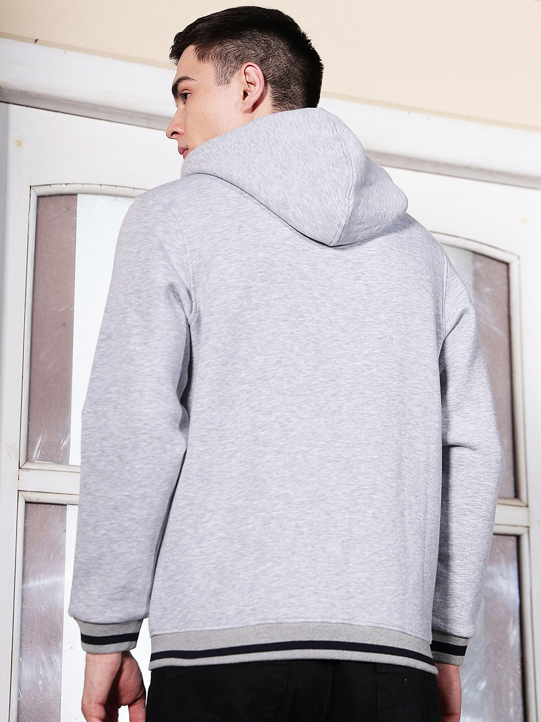 Grey Hooded Neck Front Open Sweatshirt