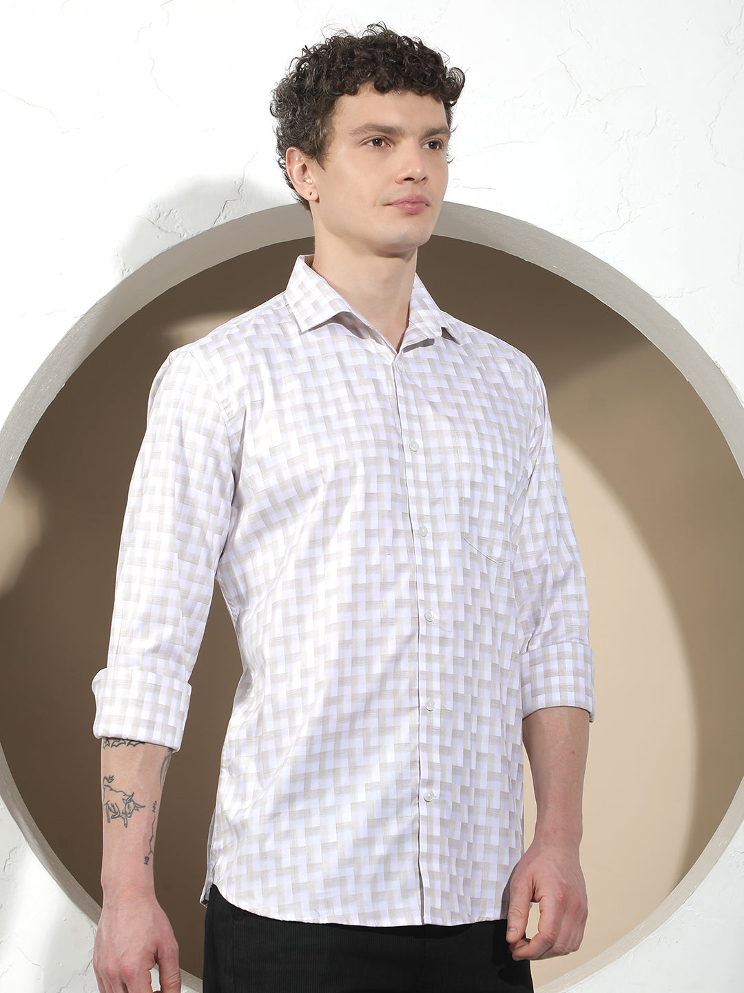 Beige Checked 100% Cotton Shirt