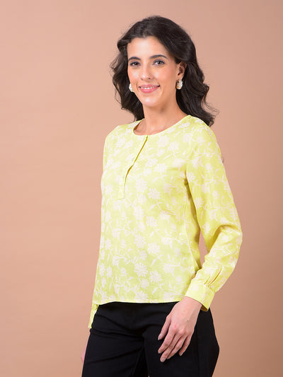 Green Floral Print Linen Top