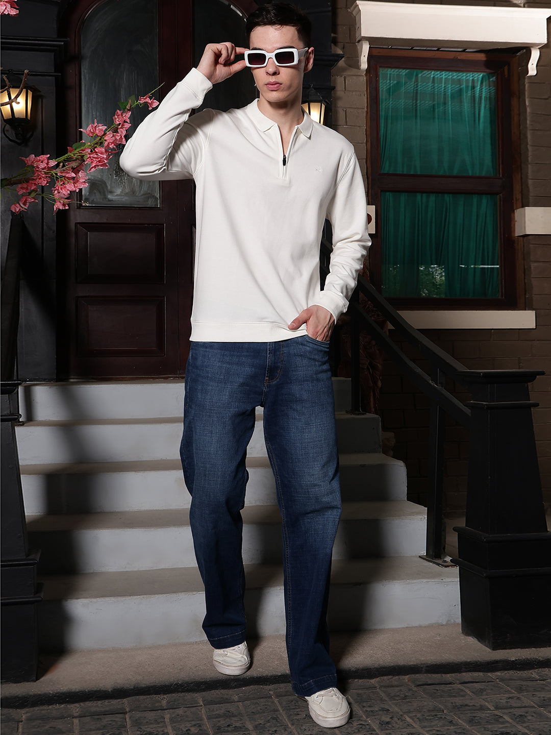 Off White Polo Neck Front Open Sweatshirt