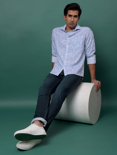 Blue Floral Print 100% Cotton Shirt