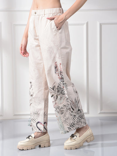Peach Floral Print Linen Straight Trousers