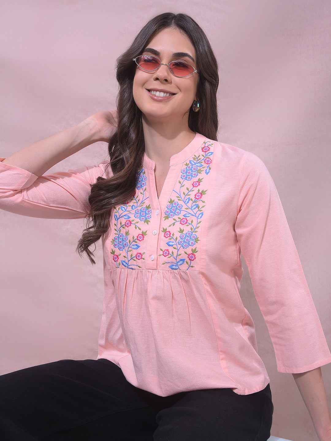 Pink Floral Embroidered V-Neck Top