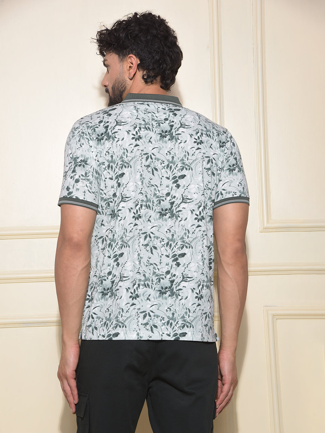 Olive Floral Print Polo-Neck T-Shirt