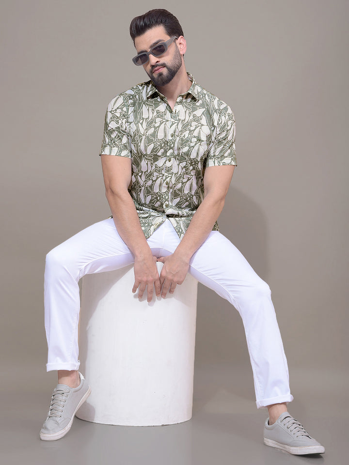 Green Floral Print 100% Cotton Shirt-Men Shirts-Crimsoune Club