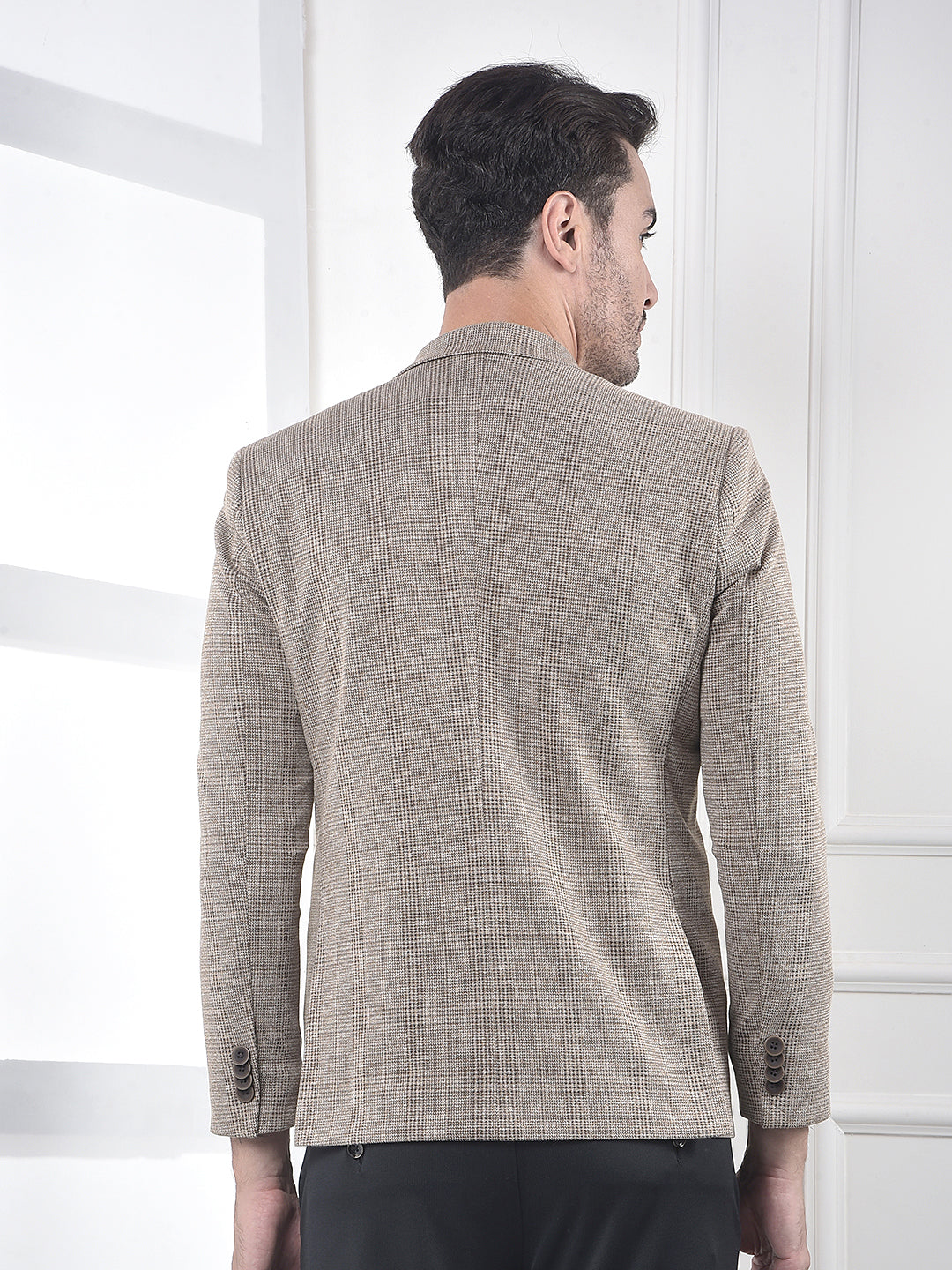 Brown Micro-Check Single-Breasted Blazer
