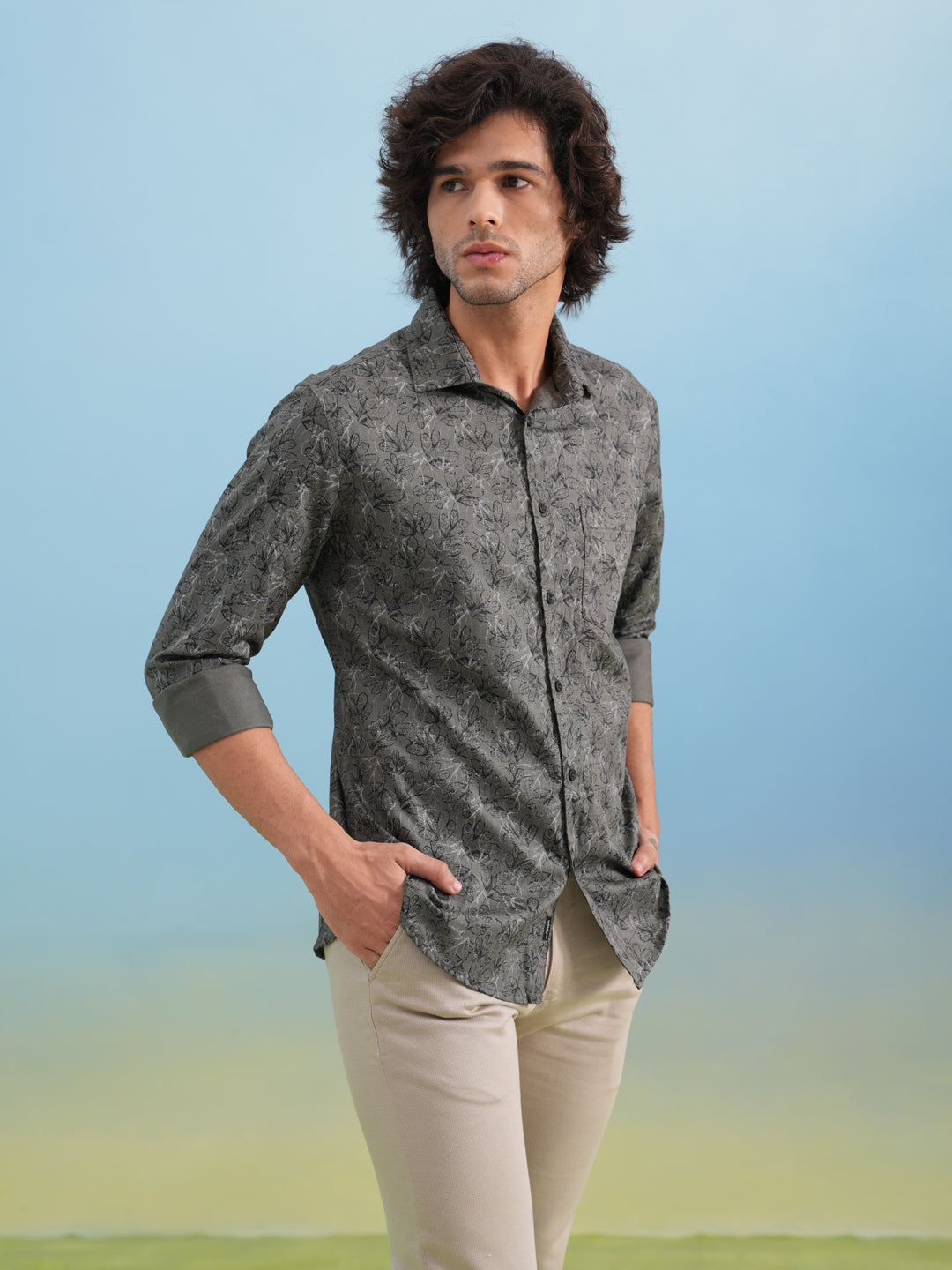 Grey Floral Print 100% Cotton Shirt