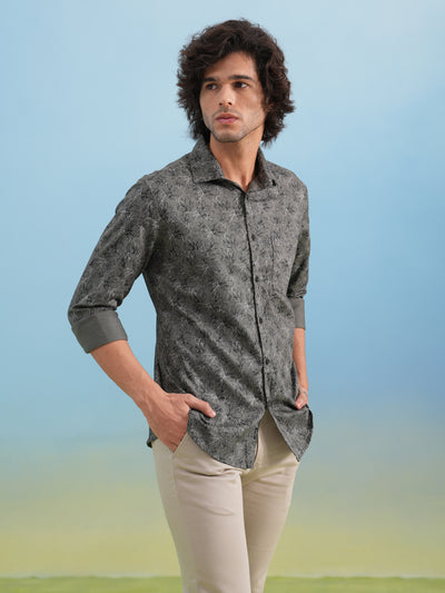 Grey Floral Print 100% Cotton Shirt