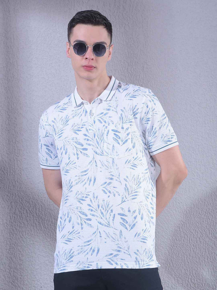 Blue Floral Print Polo Neck T-Shirt