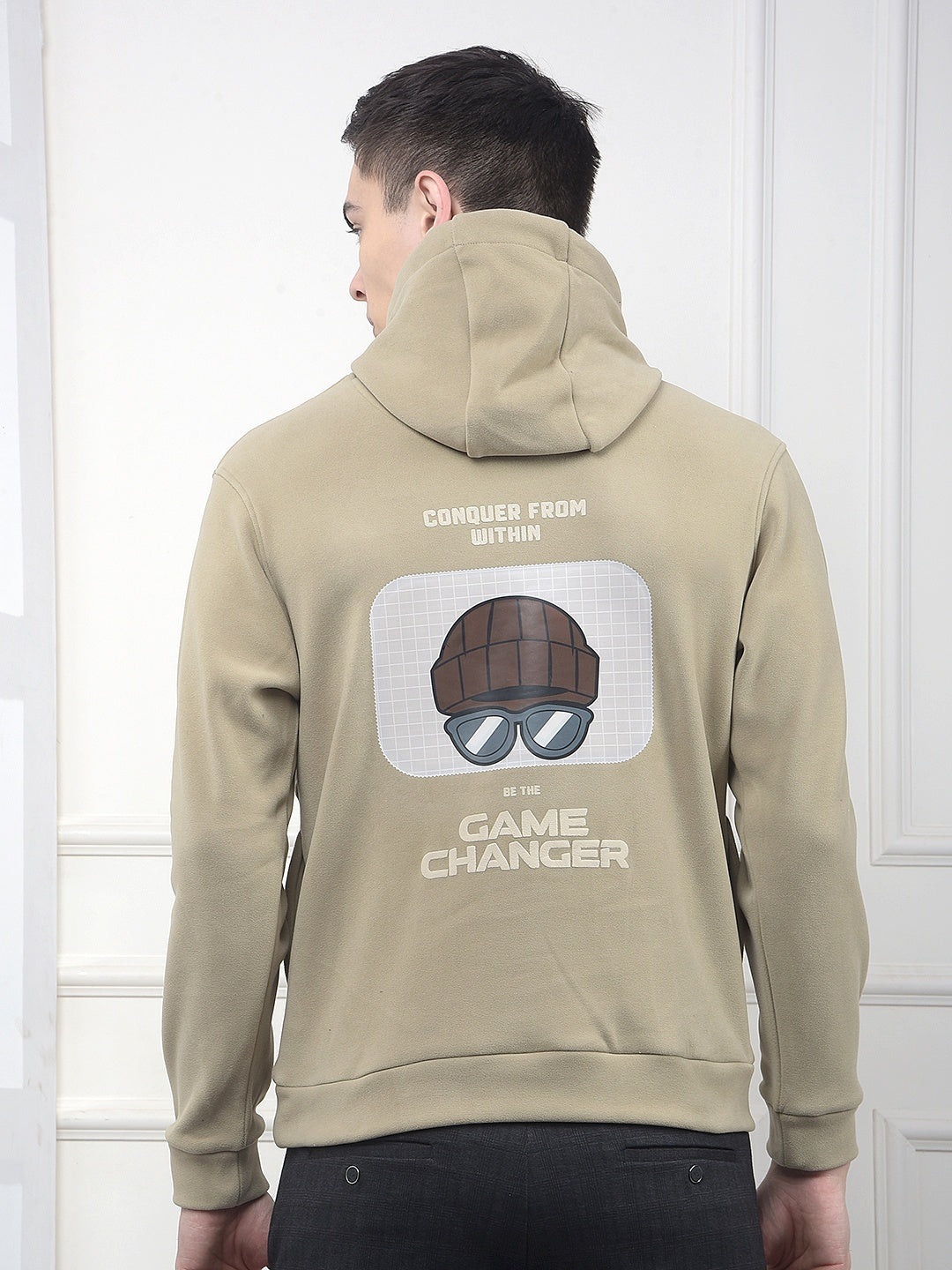 Beige Graphic Print Hooded Neck Sweatshirt