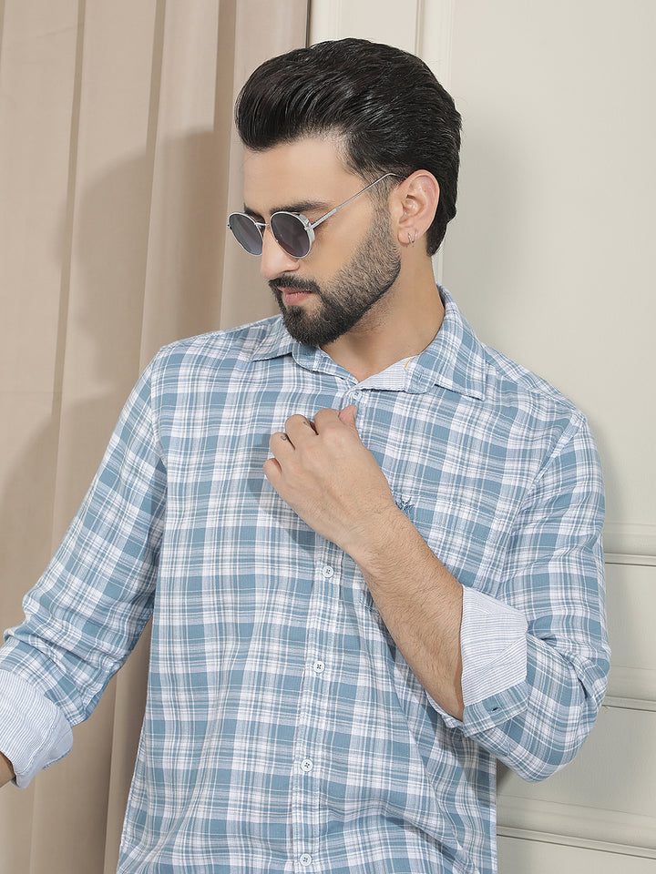 Sky Blue 100% Cotton Checked Shirt