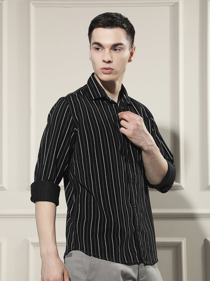 Black Vertical Stripes 100% Cotton Corduroy Shirt